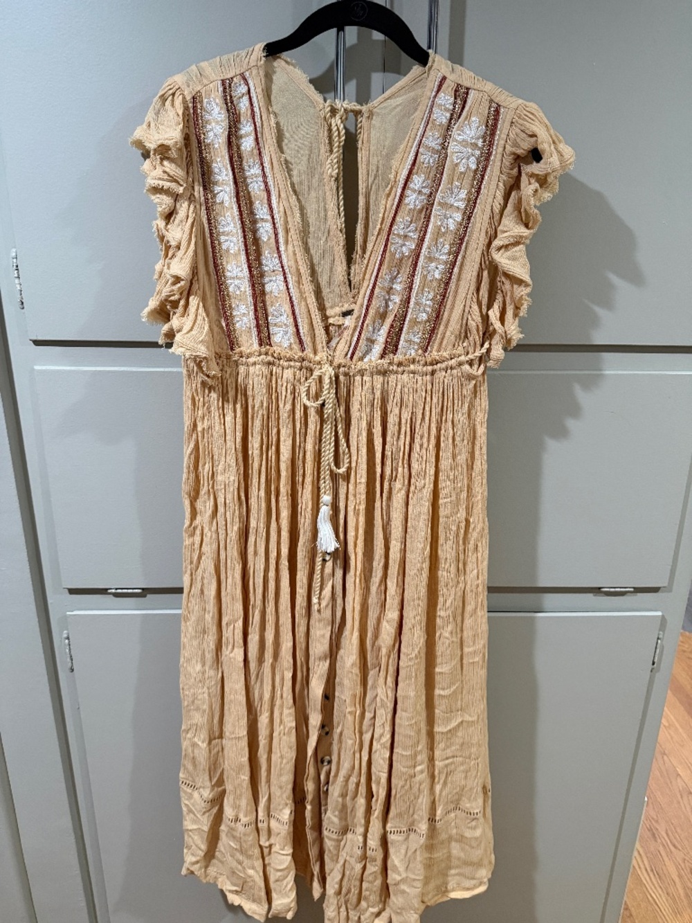 Free People Boho Embroidered Mini Dress Cream XS Flowy Festival